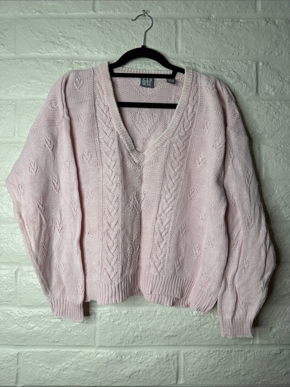 Vintage Gap Chunky V Neck Pale Pink Knit Sweater 80s 90s